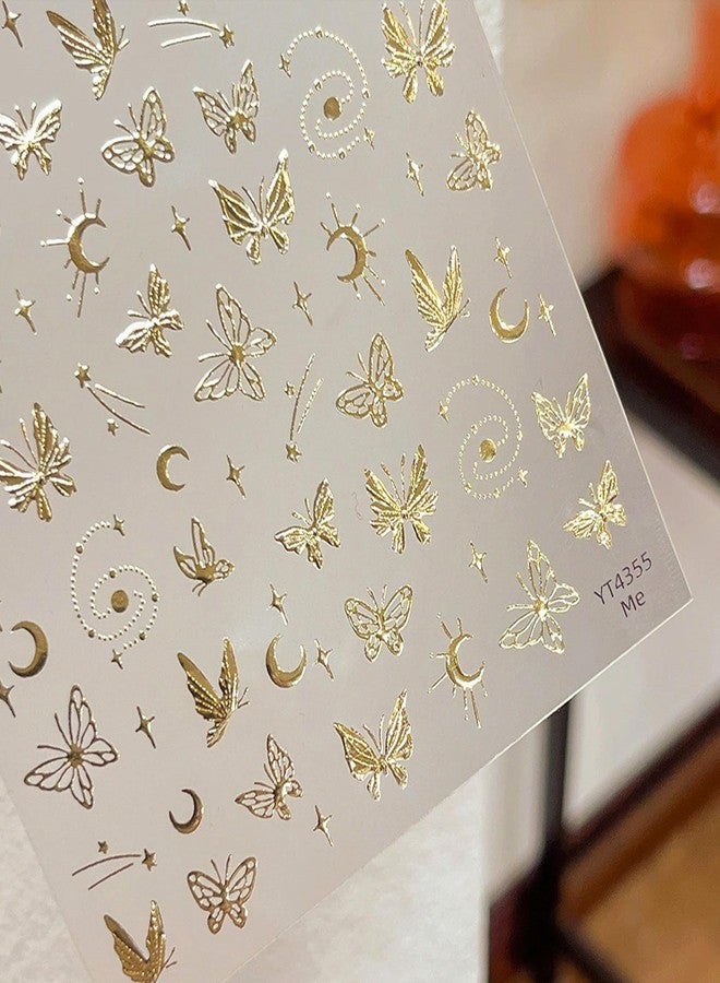 TOGZOM 5D Embossed Gold Nail Stickers Butterfly Nail Art Stickers Spring Nail Decals Golden Self-Adhesive Star Moon Nail Decals for Women Girls Acrylic Nails Manicure DIY Nail Supplies - Image 2